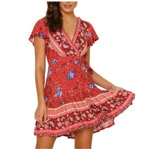 Boutique Boom Bangkok by Annie Red Floral Wrap Short Sleeve Mini Dress S